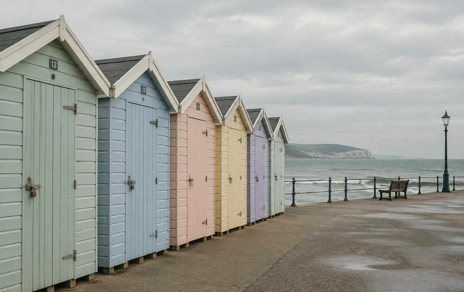 A row of pastel beach huts on a seafront promenade