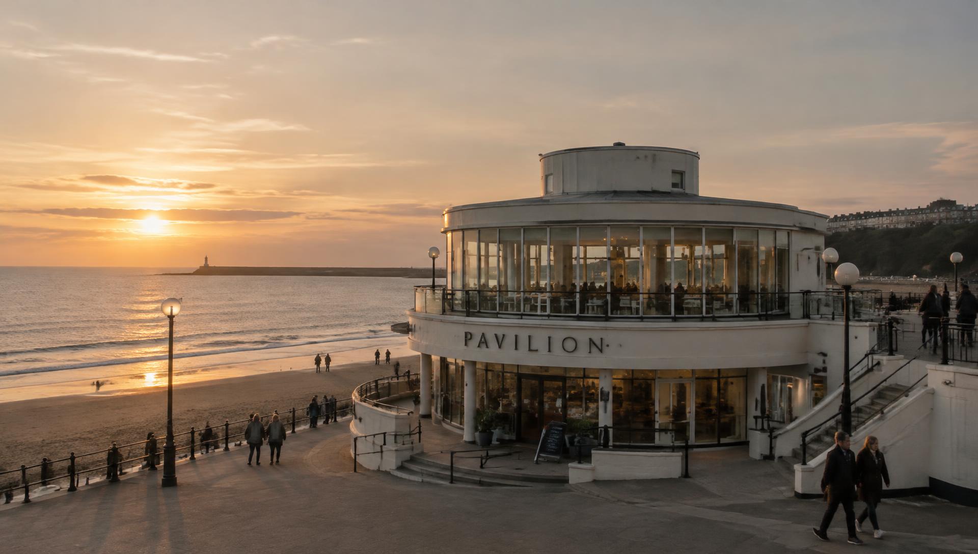 A glass seafront pavilion at sunset